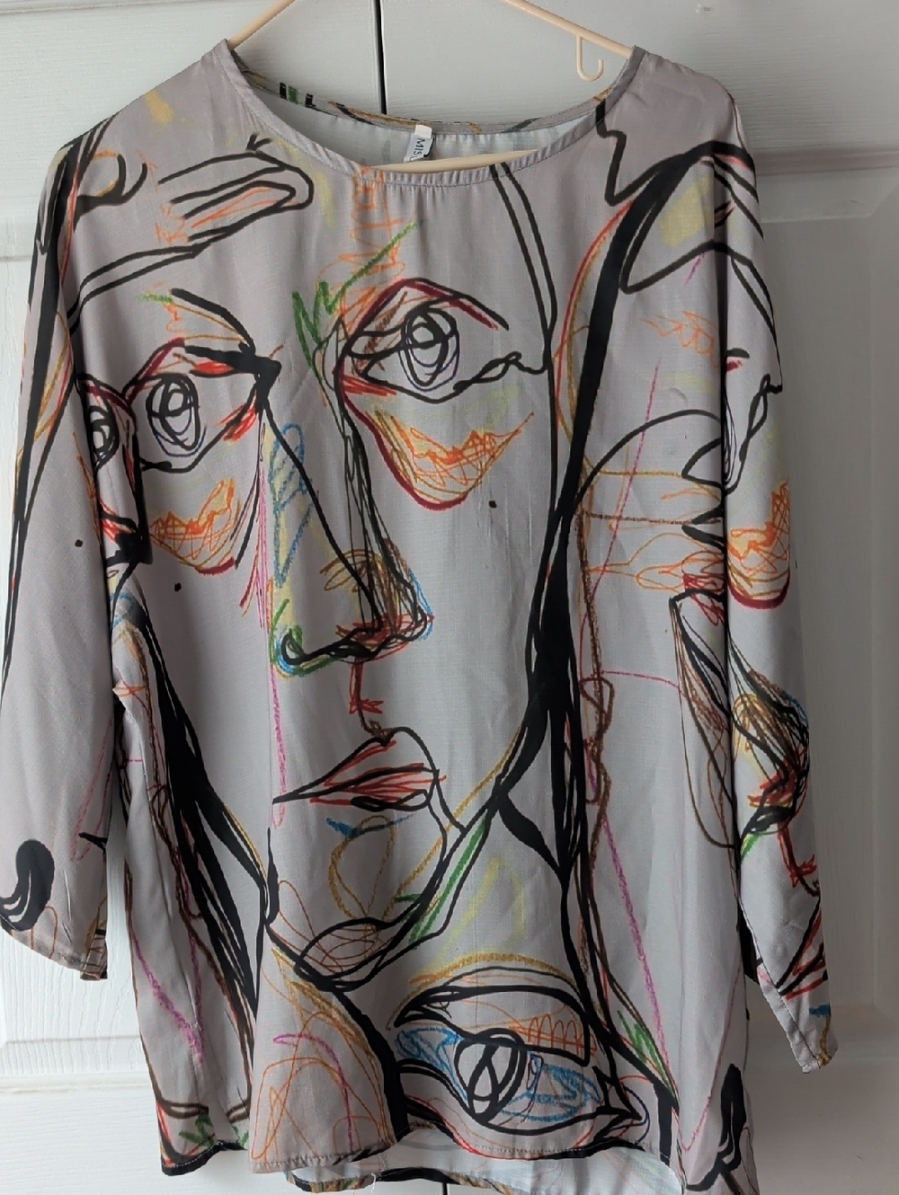 MISSLOOK Gray Blouse with Multicolor Abstract Sketch Print